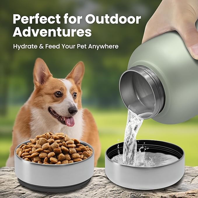 32oz Dog Water Bottle with Bowls - Leakproof Insulated Stainless Steel, Portable Travel Bottle for Hiking, Camping, Outdoor Use (Muted Olive, 32oz)