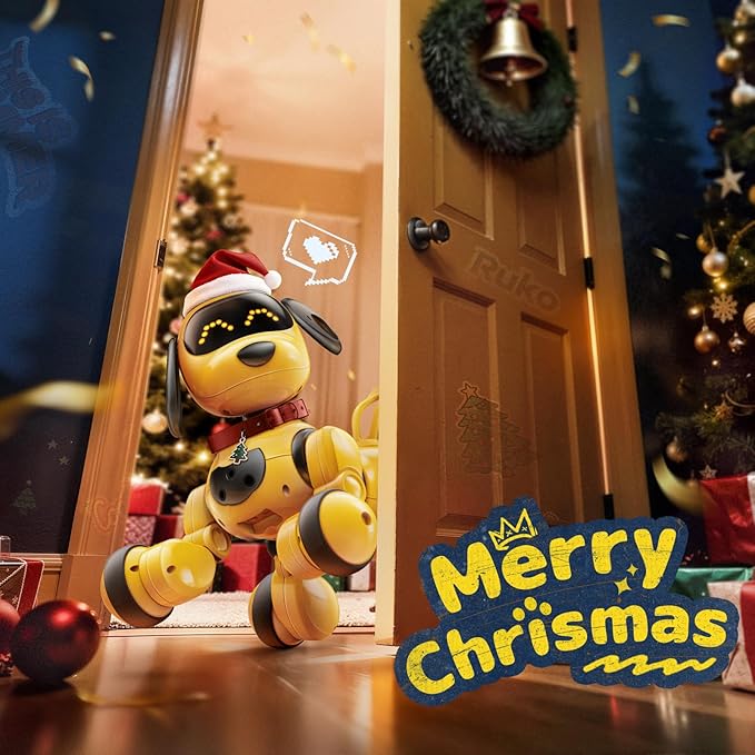 Ruko 18011 Smart Robot Dog Toy for Kids, Interactive Puppy with Remote & Gesture Control, Programmable LED Face Expressions, Fun Gift for Boys & Girls Ages 3 4 5 6 7 8, Yellow
