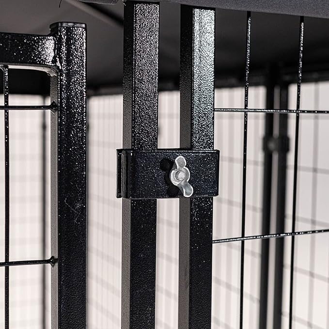 Lucky Dog® Stay Series® Villa Kennels - 4x8x6 ft - Black Powder Coat Steel Frame - Large Outdoor Dog Kennel with Waterproof Canopy Roof and Single Gate Door - Grey