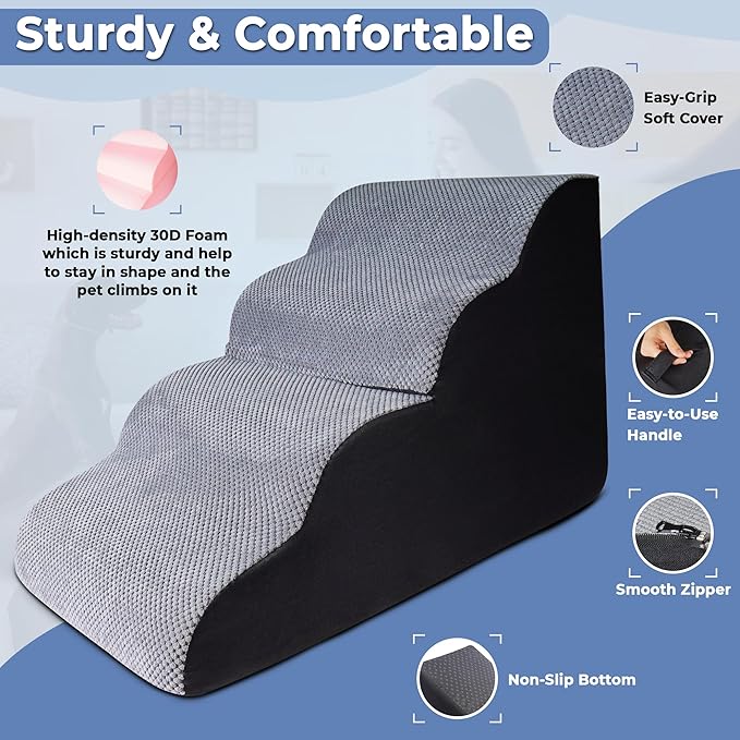 4 Steps Pet Stairs for Small Dogs, 19” High Curved Dog Stairs for Bed with Non-Slip Base, High-Density Foam, and Removable Washable Cover