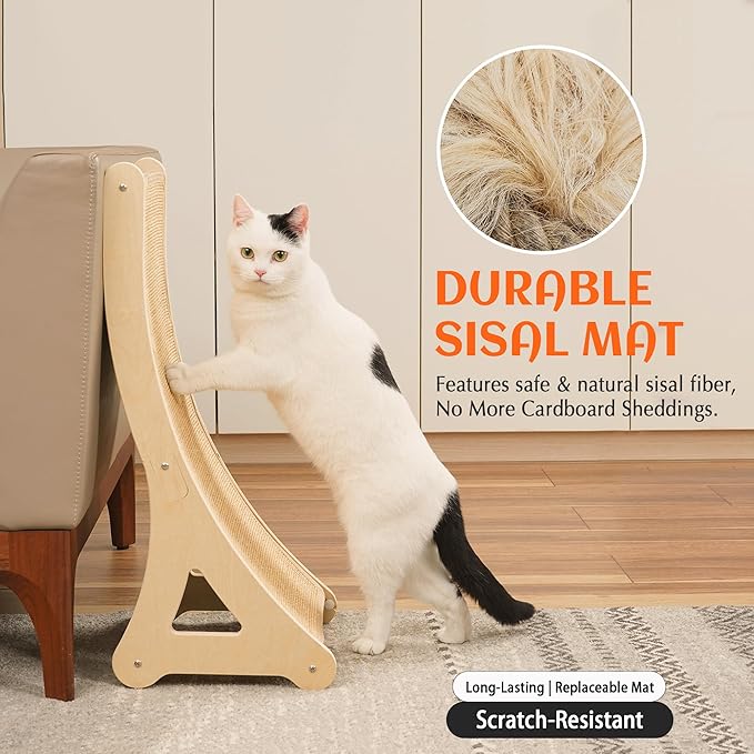 PETKARAY Curved Cat Scratcher, Sisal Kitty Scratching Ramp, L Shape Scratch Pad for Indoor Cats, 25.6" Furniture Protector with Mouse Toy