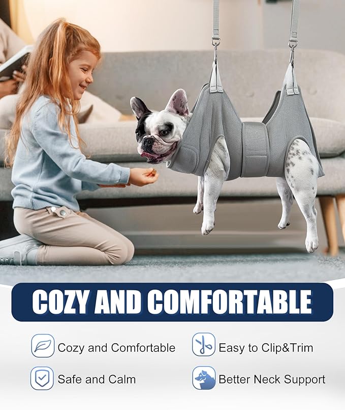 Dog Grooming Hammock Harness, M Size Grooming Sling Restraint for Nail Trim, Silver Gray Holder Hanger for Grooming with Thick Neck Support