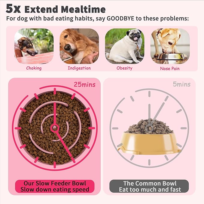 Elevated Slow Feeder Dog Bowl - Ceramic Food Dish with Bamboo Stand - Raised Maze Design - Ideal for Medium to Large Dogs - Pink - 8.8 inch