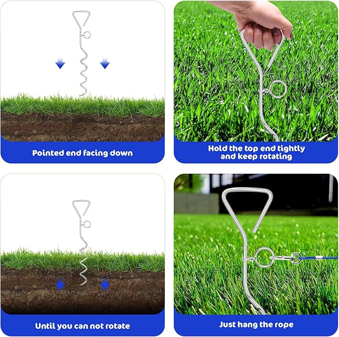 Relux 30FT Outdoor Dog Leash for Yard Training, Running, Hiking, Camping, with Heavy Duty Dog Anchor Spiral Stake for Small to Medium Dogs (Blue)