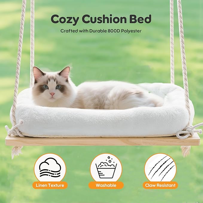 Cat Window Perch, Rustic Cat Hammock Bed with Solid Wood Seat 4 Heavy Duty Suction Cups, Plush Cushion, Indoor Pet Window Hammock for Cats for Large Cats