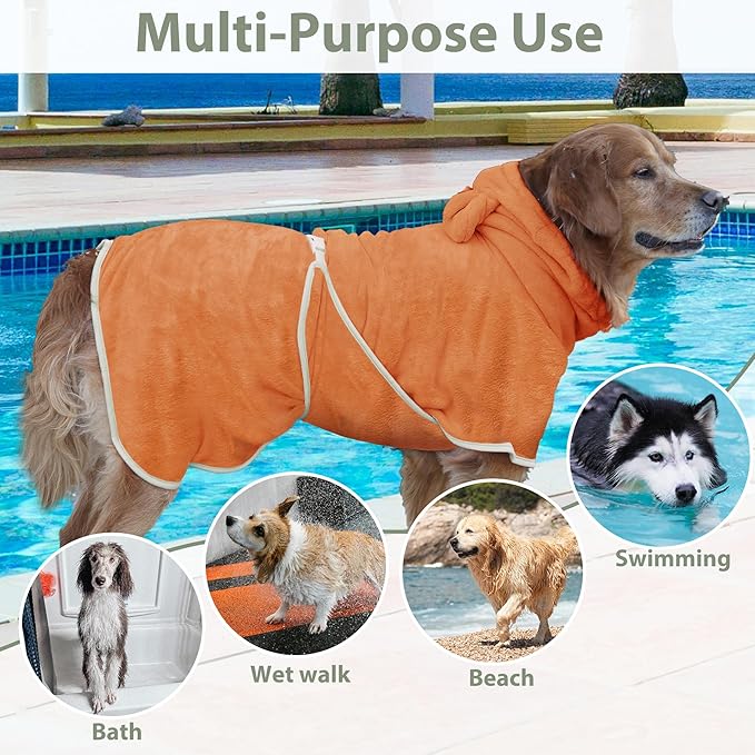 Dog Bathrobe Super Absorbent Towel Robe - Microfiber Bath Towels Fast Drying Coat for Dogs, Cute Dogs Clothes Adjustable Collar & Belly Strap Warm Keeping Hooded Dog Towel (Orange, Small)