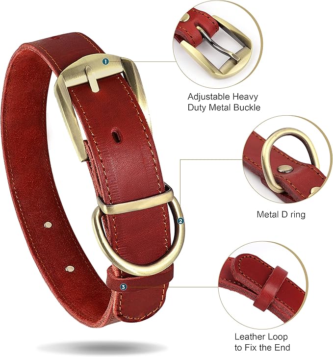 Didog Genuine Leather Dog Collars with Engraved Nameplate, Personalized Soft Leather Dog Collar with Custom ID Tag, Brown/Green/Red for Medium Large Dogs (XL,Red)