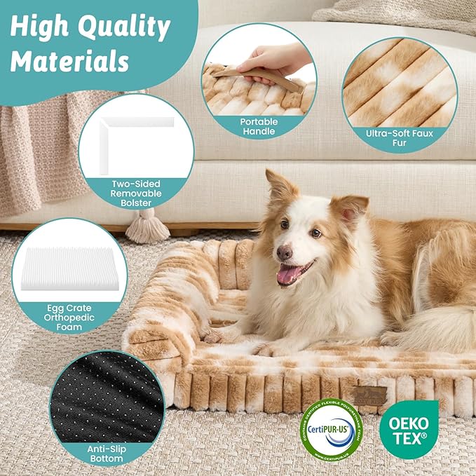 Cute Dog Bed, Faux Rabbit Fur Orthopedic Foam Dog Bed with Sides, Removable Washable Cover & Waterproof Lining, Comfortable Pet Couch for Large Dogs, Tie-Dye Brown (44" L x 32" W x 7" Th)