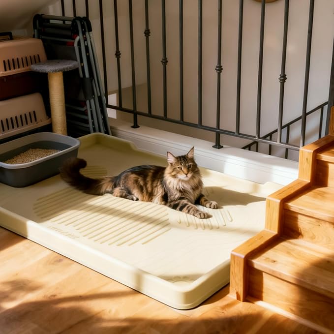 ISSEVE Cat Litter Mat 40" x 28" XL, Extra Large Silicone Mat for Litter Box, 1.38" Raised Edge Urine Waterproof Litter Trapping Mat Pad for Scatter Control, Soft on Kitty Paws, Protect Floor (Beige)