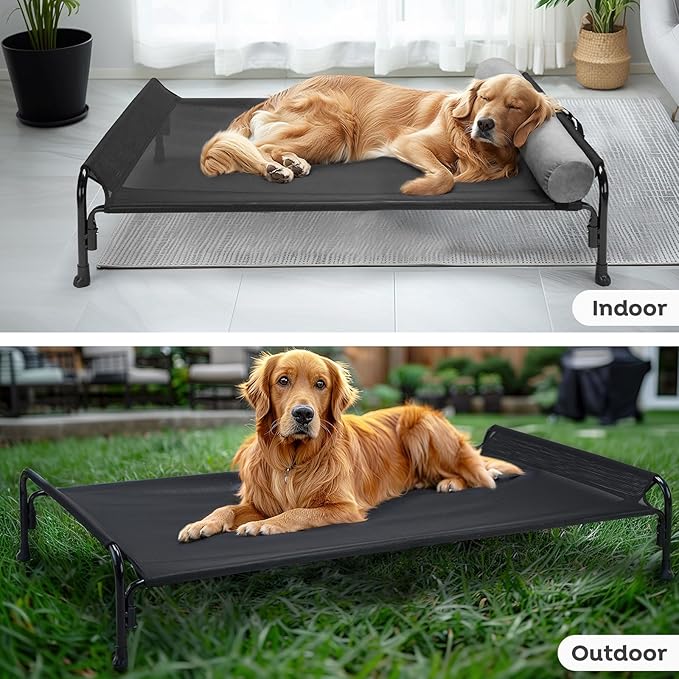 Veehoo Large Elevated Dog Bed, Outdoor Raised Dog Cot Hammock Bed with One-Sided Removable Headrest Bolster, Cooling Breathable Washable Teslin Mesh, Off Ground, Anti-Slip, L, CWC2204BCP