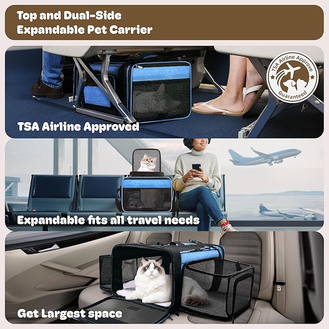 Top and 2 Sides Expandable Large Cat Carrier 18x13.5x9.5, TSA Airline Approved Dog Carriers for Large Dogs, Soft-Sided Pet Carrier with Self-Locking Zippers for Kitten,Rabbit, Puppy, Guinea Pig Blue