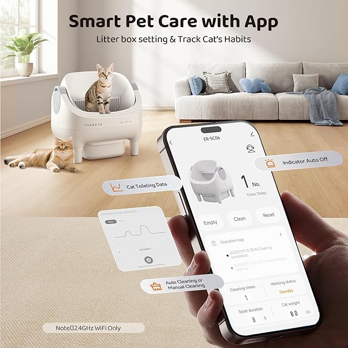 Thereye Self Cleaning Cat Litter Box, Open-Top Automatic Litter Box with APP Control, Safety Sensor and 10L Large Waste Bin, Smart Kitty Litter Boxes with Trash Bags and Mat for Multiple Cats