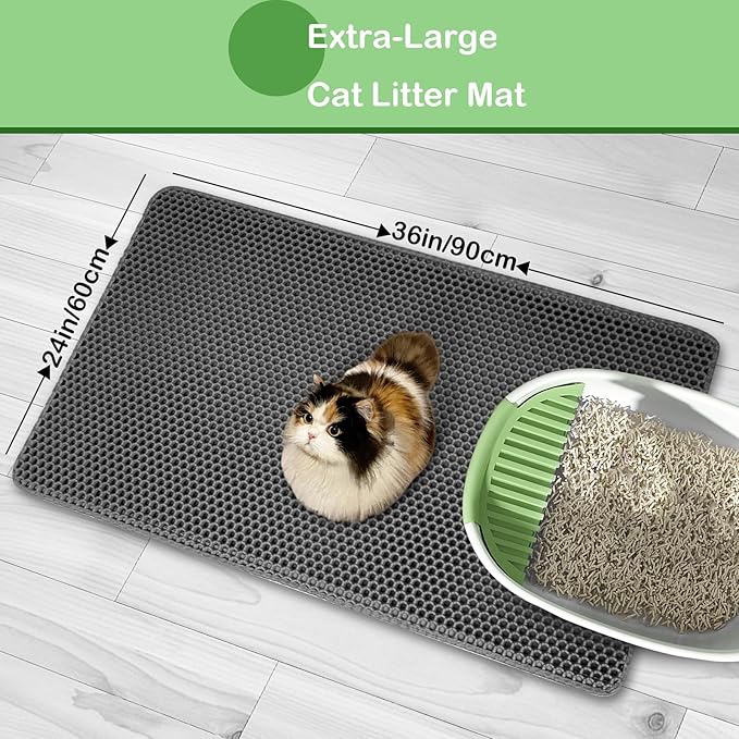 Cat Litter Mat 36"x 24" Double Layer Waterproof Kitty Cat Litter Trapping Mat, Easy to Clean Litter Box Mat Scatter Control Pad, Grey