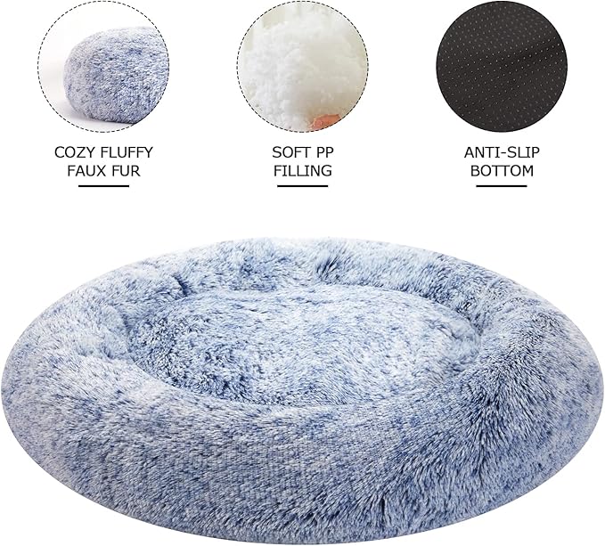 Bedfolks Calming Donut Dog Bed, 23 Inches Round Fluffy Dog Beds for Small Dogs, Machine Washable Anti-Anxiety Plush Puppy Bed（Navy Blue, Small）