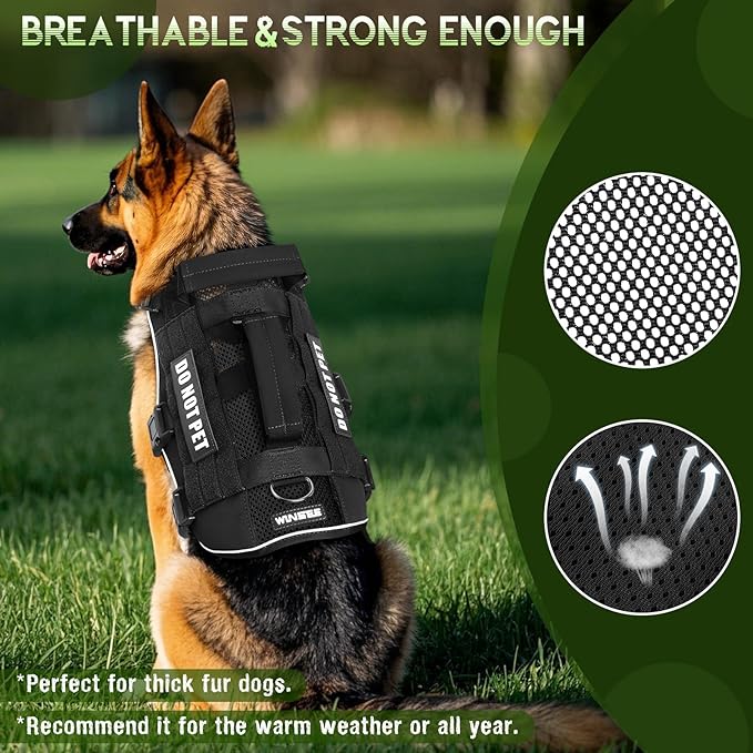 WINSEE Mesh Dog Harness with 10 Pet Patches for Large Service Dog in Training, Breathable Tactical Molle Vest with Double Handle, Reflective Military Pet Vest for Walking Hiking