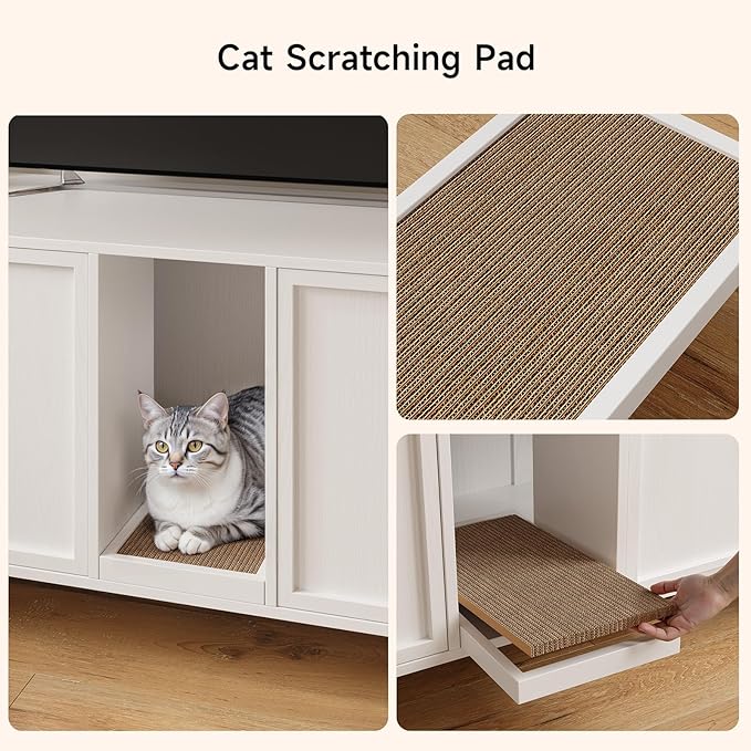 ONBRILL 63 Inches Cat Litter Box Enclosure for 2 Cats, Hidden Litter Boxes Furniture with Cat Scratch Pad, Large Indoor Pet House with Double Room, Wooden TV Stand Side Table, Off White