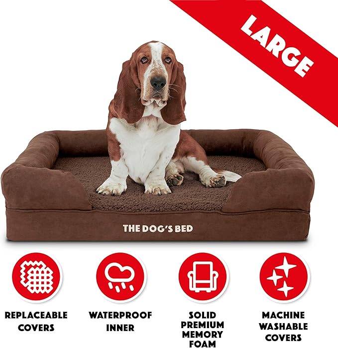 The Dog’s Bed, Large Brown Plush, Memory Foam, Pain Relief: Arthritis, Hip & Elbow Dysplasia, Post Surgery, Lameness, Supportive, Calming, Waterproof Washable Cover, Veterinary Approved