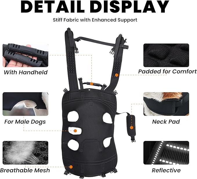 Dog Lift Harness Backpack Carrier for Large Dogs, Full Body Sling with Handle, Dog Harness for Joint Injuries, Arthritis, Ideal for Stairs, Elderly Dogs (Black Large 20-29 LBS)