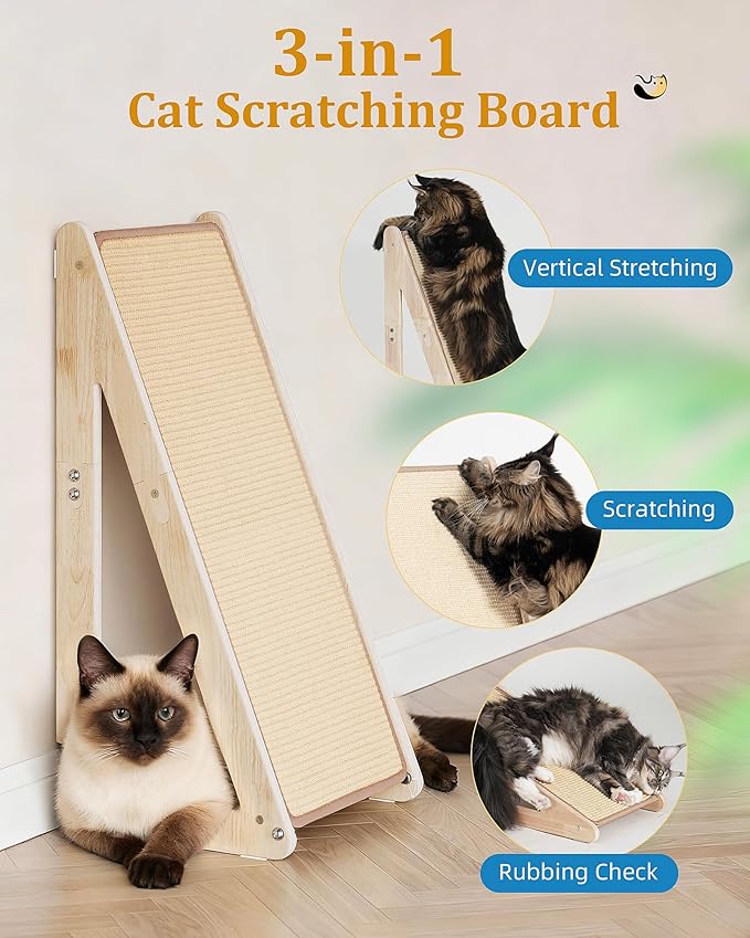 26.4'' Sisal Cat Scratcher Ramp for Indoor Large Cats, Vertical Scratching Post, Wooden Cat Furniture