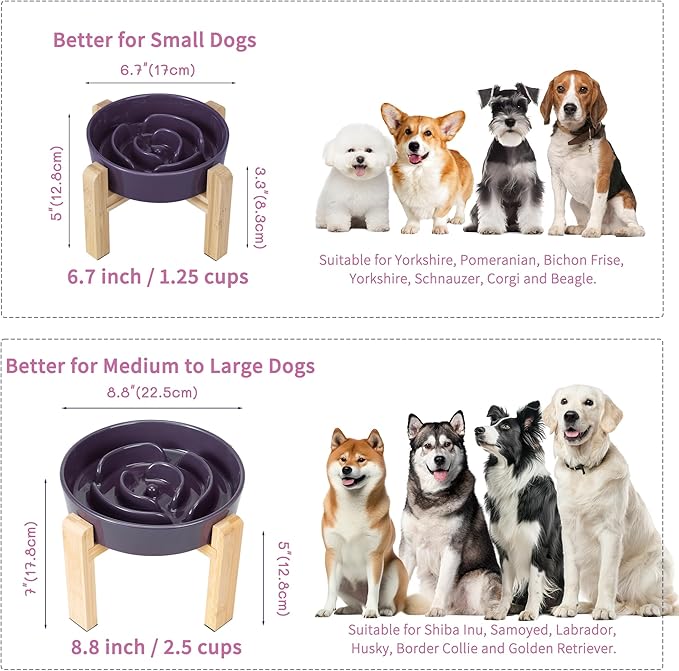 Elevated Slow Feeder Dog Bowl - Puzzle Maze Dish with Bamboo Stand - Raised Ceramic Food Bowl for Medium and Large Dogs - 8.8 Inch - Purple