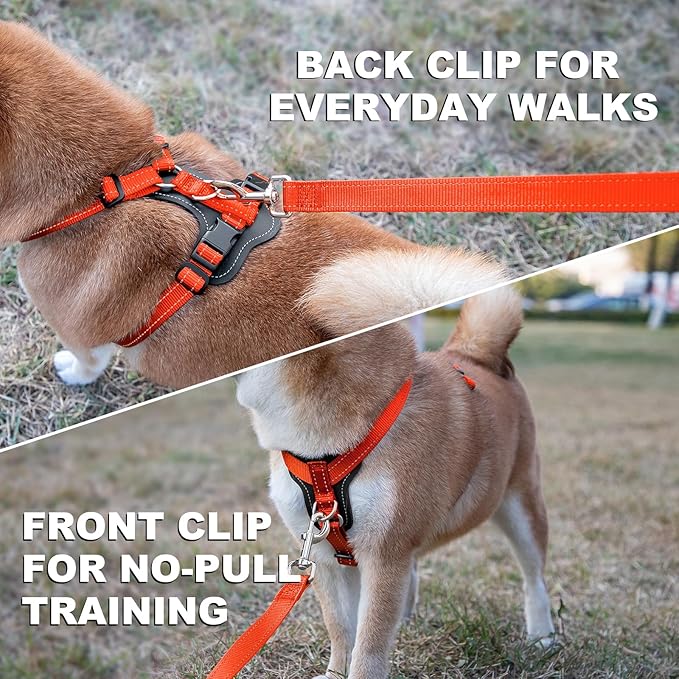 Plutus Pet Adjustable No Pull Dog Harness with Leather Accents, Heavy Duty Reflective Nylon Vest for Training, Hiking, Easy Walk Harness for Small, Medium, Large Dogs (Orange, L)