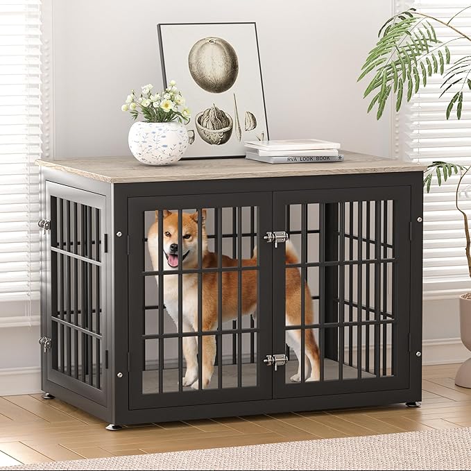 38 Inch Heavy Duty Dog Crate Furniture for Large and Medium Dogs, Decorative Pet House End Table, Wooden Cage Kennel Furniture Indoor, Grey