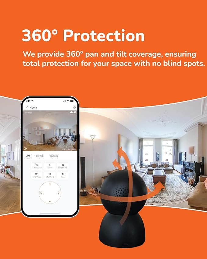 Sensforge 2.5K Black Indoor Pan-Tilt Dome Security Camera, AI Human & Pet Detection, 360° Coverage, Two-Way Audio, Dual-Band Wi-Fi (2.4G/5G), 64GB SD Card Included, No Monthly Fees