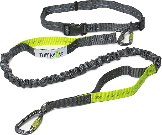 Tuff Mutt Hands-Free Waist Leash for Dog Walking, Running and Hiking, Carabiner Clip, Adjustable Belt with Double Handle, Reflective Bungee Design for Large & Medium Dogs