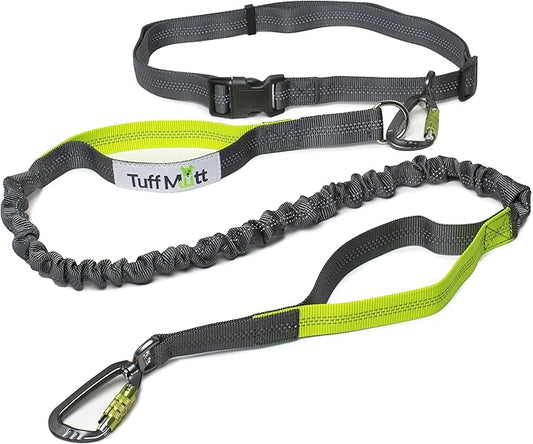 Tuff Mutt Hands-Free Waist Leash for Dog Walking, Running and Hiking, Carabiner Clip, Adjustable Belt with Double Handle, Reflective Bungee Design for Large & Medium Dogs