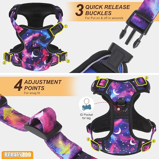 BEAUTYZOO No Pull Dog Harness and Leash Set with 2 Metal Leash Clips - Overhead-Free 3 Snap Buckles Design, Adjustable No-Choke Soft Padded Reflective Oxford Pet Vest for Small Medium Large Dogs, L