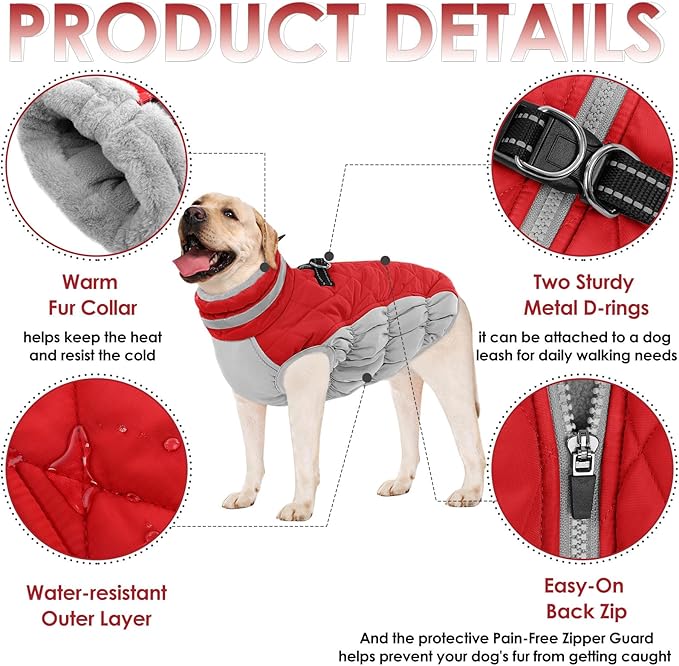 AOFITEE Dog Coat, Warm Dog Winter Coat, Reflective Turtleneck Large Dogs Jacket with Harness Built in, Turtleneck Pet Winter Jacket, Waterproof Pet Snow Jackets Fleece Vest, Christmas Red XL