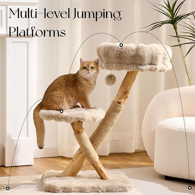 Solid Wood Cat Tree, Modern Cat Tree Tower for Large Indoor Cats, Natural Real Pear Wooden Aesthetic Cat Condo with Scratching Post for Adult Kittens-Khaki