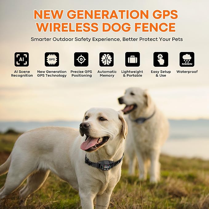 GPS Wireless Dog Fence System: Invisible Fence for Dogs with UBLOX Chip, 4-Zone Progressive Correction & 3 Modes GPS Dog Collar, 25-999 Yards Range, IPX7 Waterproof