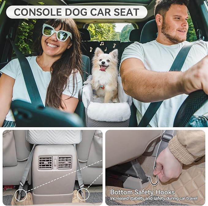 PETSFIT Console Dog Car Seat, Portable Small Dog Car Seat with Safe Protective Hooks, Luxury Dog Carseat Includes Safety Leash and Storage Pocket for Pets Up to 9 lbs (Grey)