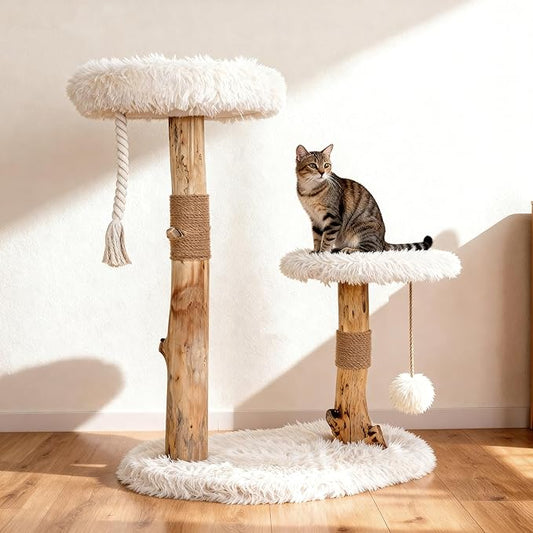 Modern Cat Tree Tower for Indoor Cats, 33" Luxury Cats Trees Natural Solid Wooden with Sisal Scratching Post, Log Style Cat Furniture with Perches Platform & Toy Ball，Primary Colors