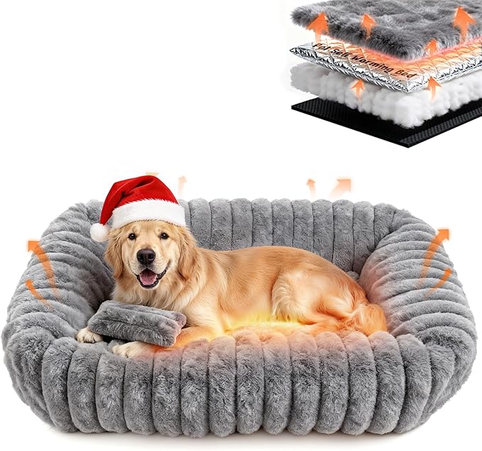 Dog Beds Large Sized Dog, Washable Self Warming Dog Cat Bed Rectangle Orthopedic Large Pet Sofa, Super Soft Plush Rabbit Fur Pet Couch Cute Cat Bed with Removable Zipper Cover & Anti-Slip Bottom