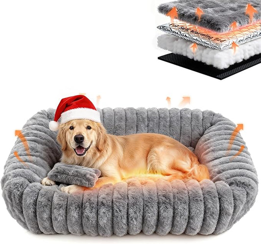 Dog Beds Large Sized Dog, Washable Self Warming Dog Cat Bed Rectangle Orthopedic Large Pet Sofa, Super Soft Plush Rabbit Fur Pet Couch Cute Cat Bed with Removable Zipper Cover & Anti-Slip Bottom