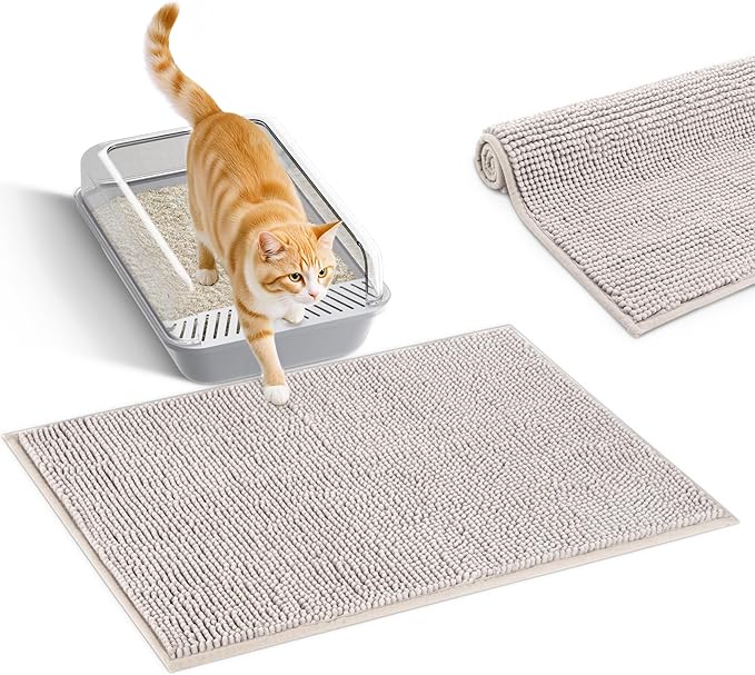 Pieviev Chenille Cat Litter Mat for Litter Box, 36"x30" Soft Ultra Absorbent Mat, Waterproof & Non-Slip, Easy to Clean Litter Trapping Mat for Indoor Cats, Gray