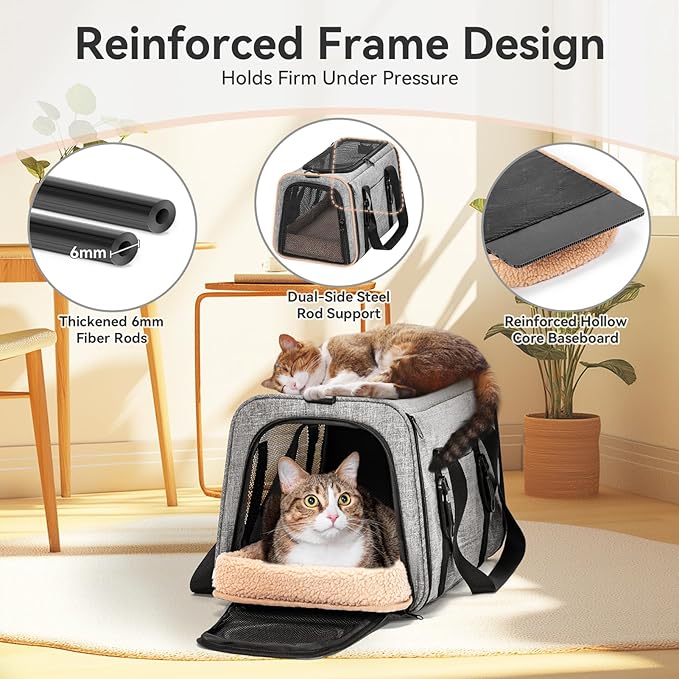 PETSFIT Cat Car Carrier for Small/Medium Cats Dogs, 18"x11"x11" Airline Approved Cat Carrier, with Patent Safety Buckles and Escape-Proof Zipper - Safeguarding Car Travel, Airplane, Vet, Outdoor