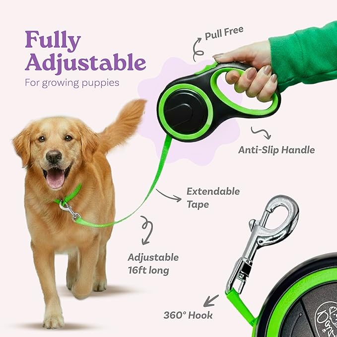 Retractable Dog Leash for Small, Medium & Large Dogs – Heavy-Duty, Tangle-Free, Reflective, 16FT Long, Anti-Slip Soft Handle with One-Hand Brake - 44 LBS /16FT - Small - Green