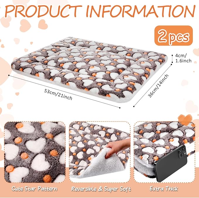 VitalCozy 2 Pack Self Warming Cat Mat Self Heating Pad Bed Reversible Machine Washable Reflects Body Heat Warm Thermal Pet Pad Crate Blanket for Feral and Indoor Cat (Grey,21" X 14",Heart)