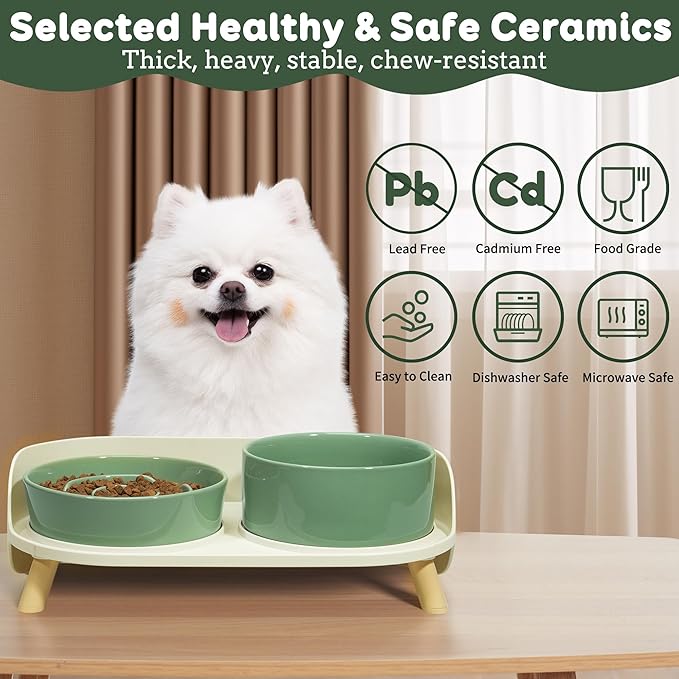Elevated Slow Feeder Dog Bowls - Ceramic Food and Water Bowl Set with Stand - Raised Pet Dishes for Small and Medium Sized Dogs