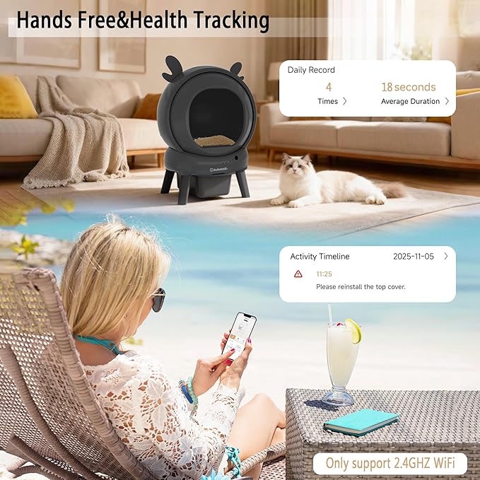 J JORBASADO Self Cleaning Litter Box, Automatic Cat Box for Multiple Cats, APP Real-Time Monitor Cat Litter Box Automatic Cleaning, Safety Protection,with 1 Trash Bag, Ears Design