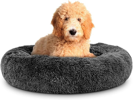 The Dog's Bed Sound Sleep Donut Dog Bed, Grey Fur Large Removable Cover Calming Nest Bed, Veterinary Approved