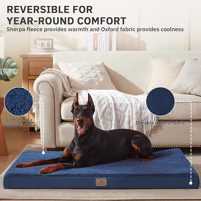 Bedfolks Orthopedic Dog Bed for Jumbo Dogs - Egg Foam Dog Crate Bed with Removable Waterproof Cover, Pet Bed Mat Suitable for Dogs and Pets Up to 150 lbs (54 x 44 x 4 inches, Navy)