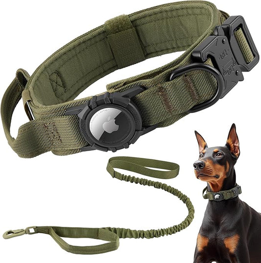 Tactical AirTag Dog Collar Leash Set - Heavy Duty, Adjustable GPS Collar Compatible with Apple AirTag, with Holder & Control Handle for Medium/Large Dogs [ Green, L ]