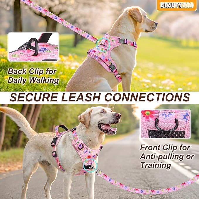 BEAUTYZOO No Pull Dog Harness and Leash Set with 2 Metal Leash Clips - Overhead-Free 3 Snap Buckles Design, Adjustable No-Choke Soft Padded Reflective Oxford Pet Vest for Small Medium Large Dogs, Pink