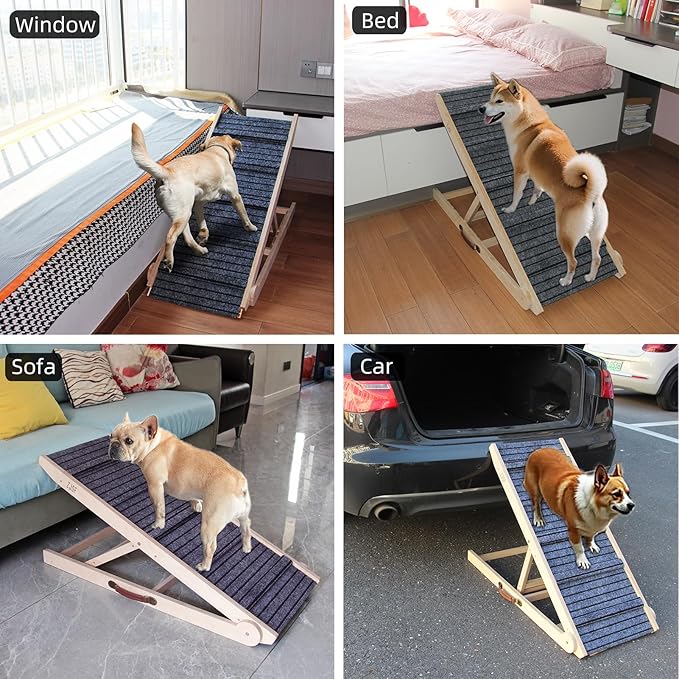 ZJSF Dog Ramp for Bed,Foldable Wooden Portable Non-Slip Dog Ramp for Couch,Small to Large Pet Ramp for Cars,Stairs with High Traction Mat,6 Adjustable Height from 12.2" to 26",Supports up to 230lbs