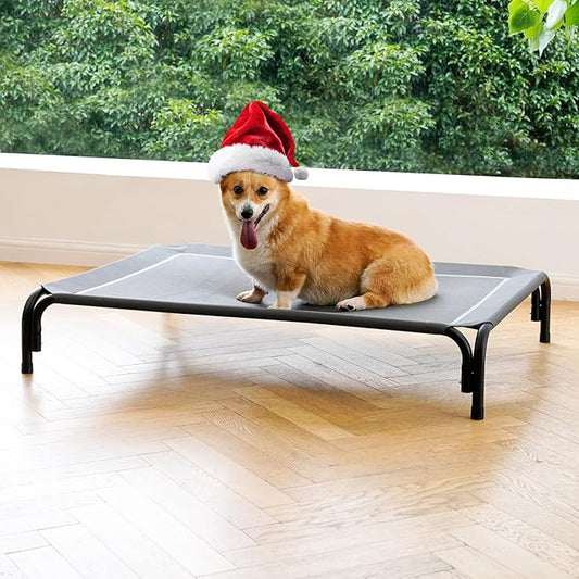 Elevated Dog Bed Raised Outdoor Dog Cot for Medium Dogs, Installation Requires No Tools, Frame with Washable Cooling Breathable Mesh Anti-Slip Feet, Indoor Pet Bed, Grey, 35.4 Inches