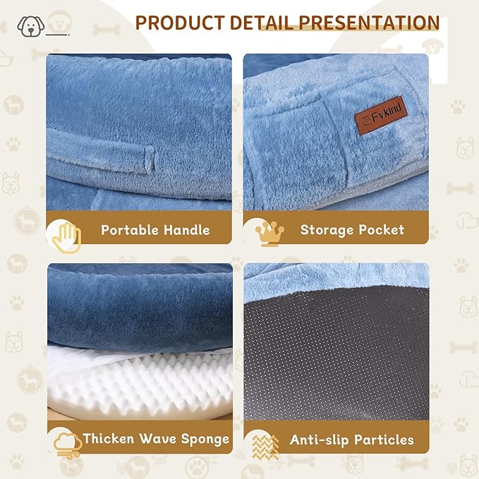 Human Dog Bed for Adults, 71"x51"x12" Washable Orthopedic Size, Faux Fur Removable, Cozy Large Present with Blanket and Pillow, Grayish Blue